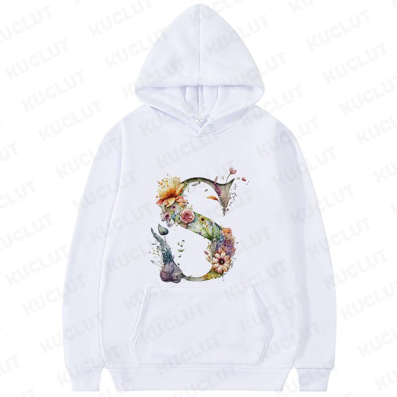 Women Hoodies Clothing 26 Alphabet Sweatshirts Hooded Shirt Fashion Flower Letters Graphic Outerwear White Women's Sweat-shirts