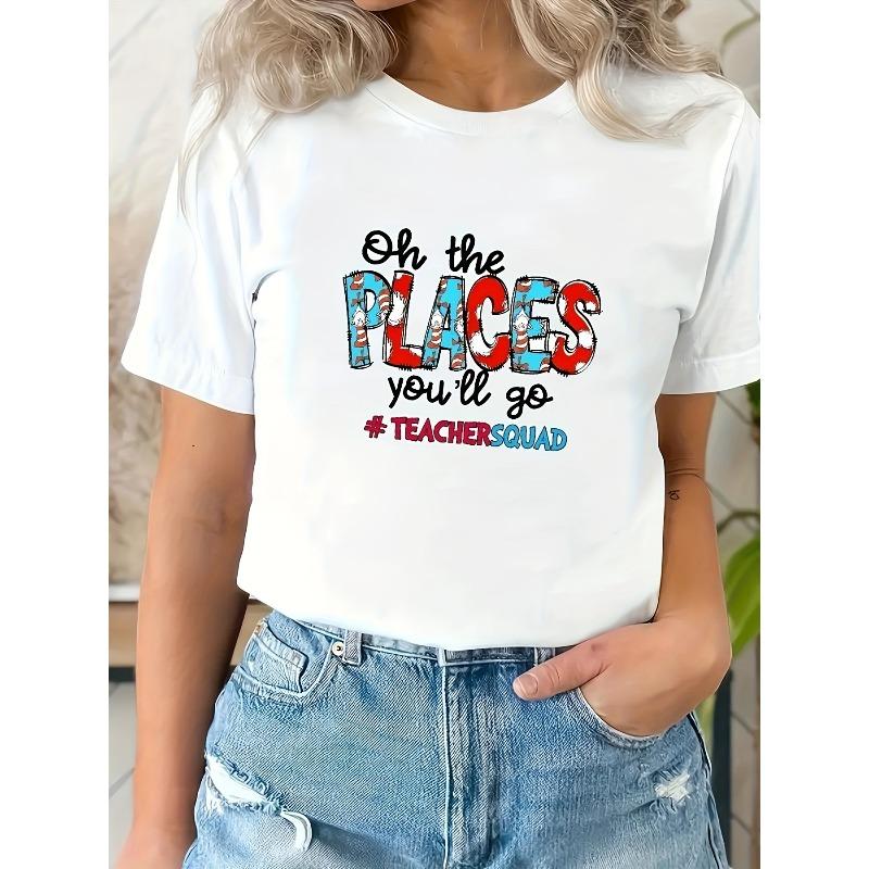 Европейский размер  О, куда ты отправишься  Иллюстрация обложки книги и футболка  #КомандаУчителей  - Эластичный спандекс, круглый вырез, короткий рукав - Повседневная одежда для педагогов S