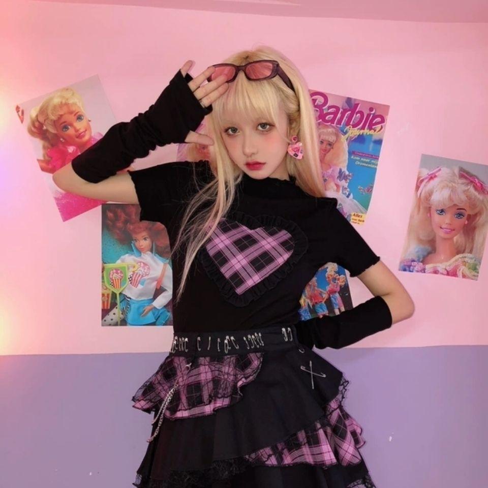 Gonne Scozzesi Pizzo Catena Rock Punk Ragazze Harajuku Donne Gotico Lolita Vita Alta Torta Mini Y2K Streetwear Top