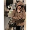 Y2K Leopard Print Hooded Jacket Women Full Zip Drawstring Hood Long Sleeve Loose Fit Streetwear Street Ladies Outerwear