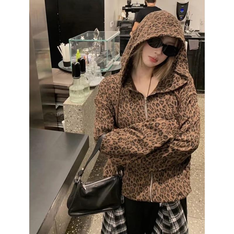 Y2K Leopard Print Hooded Jacket Women Full Zip Drawstring Hood Long Sleeve Loose Fit Streetwear Street Ladies Outerwear