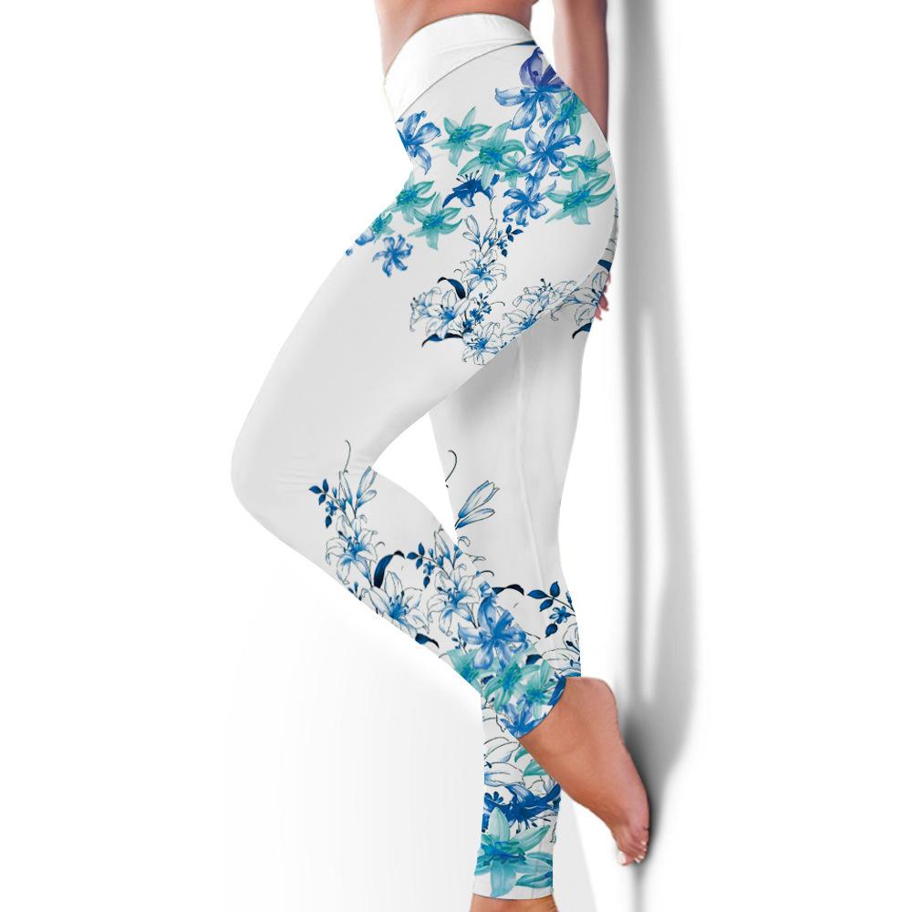 Sportswear Blue Floral Fitness Wear High Stretch Hip Lifting Tight Pants Yoga Wear Women