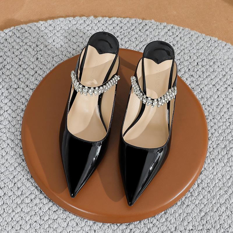 Women s 2025 Summer Stiletto Heeled Sandals: Pointed Toe, Patent Leather, Rhinestone-Adorned, Closed-Toe Mules for Outdoor Wear 38