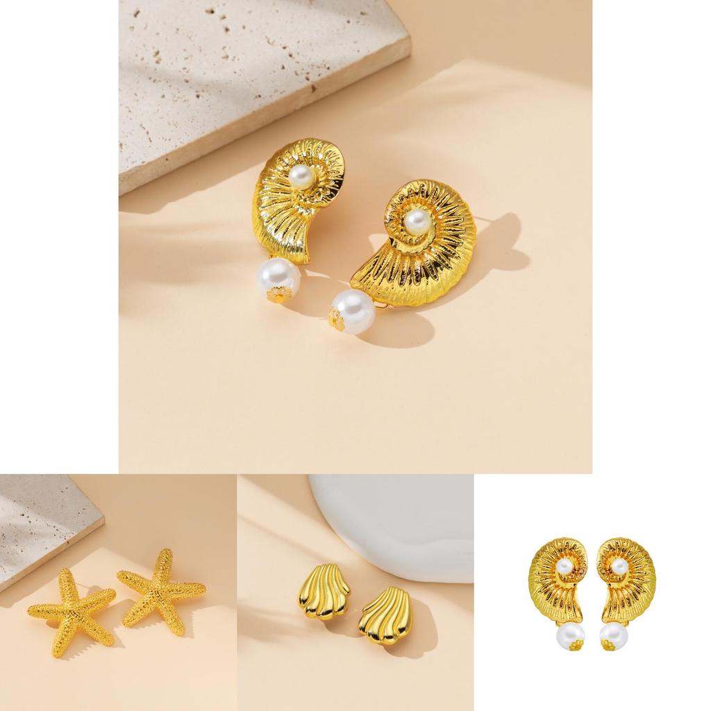 Retro Beach Vacation Alloy Earrings With Starfish And Shell Pendants Natural Fresh Sweet Style