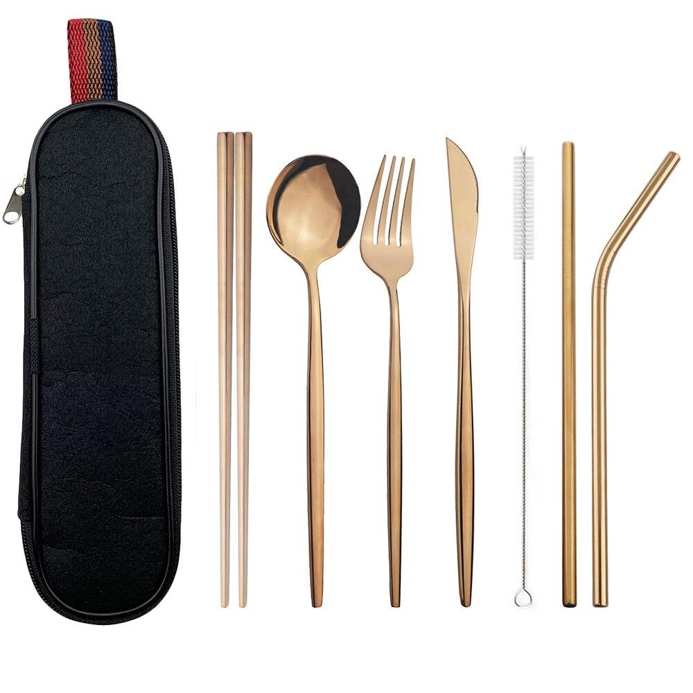Silver Dinnerware Set Travel Cutlery Set Reusable Silverware Straw Spoons Forks Chopsticks Kitchen Accessory with Bag