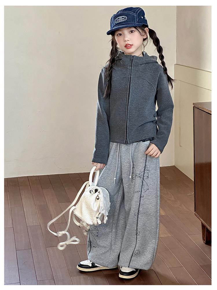 2025 Girls' Spring/Autumn Cardigan & Wide-Leg Pants Set - Hooded Casual Two-Piece Outfit