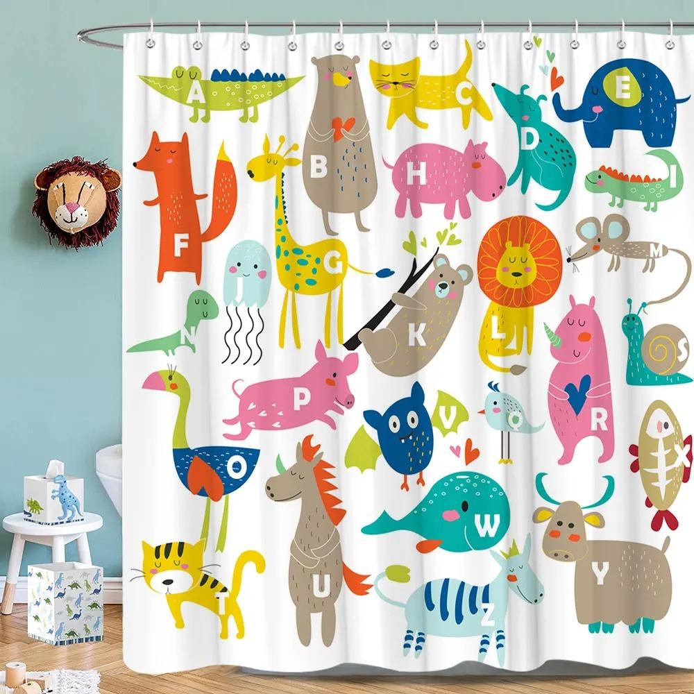 Kids Alphabet Shower Curtains For Bathroom Decor Abc Educational Learning Tool Baby Cartoon Animals Colorful Girls Boys Printed
