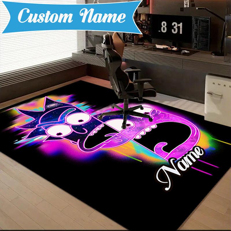 Custom Name Neon Rick Artwork Rug Game Carpet, Floor Mat for Bedroom Living Room Entryway Rug, Home Decor Idea Gift for Christmas birthday