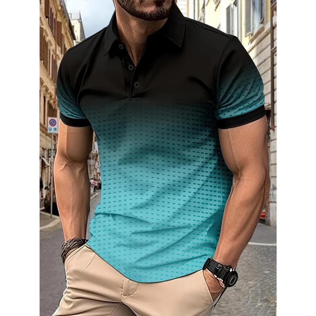 Colour Blocking Gradient Tops Daily Casual Lapel Short Sleeve Polo Shirt Man