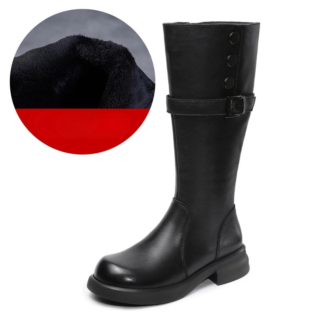 Johnature Skórzane Retro Damskie Kozaki Rycerskie na Grubej Podeszwie Okrągły Nosek Klamra Paska Wysokie Kozaki