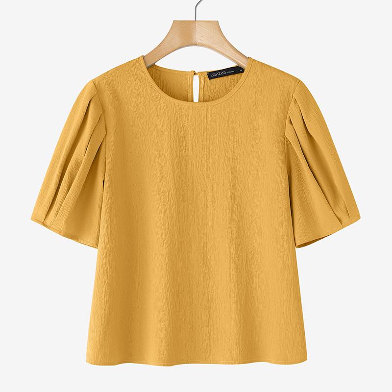 

ZANZEA Женская летняя блузка с круглым вырезом, однотонная, повседневная, с коротким рукавом 5XL оранжевый