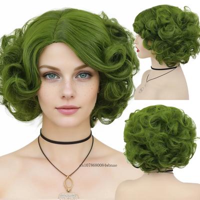 Olive Green Wig for Women Synthetic Short Big Curly Wigs Cosplay Halloween Costume Party Fluffy Style High Temperature Fiber