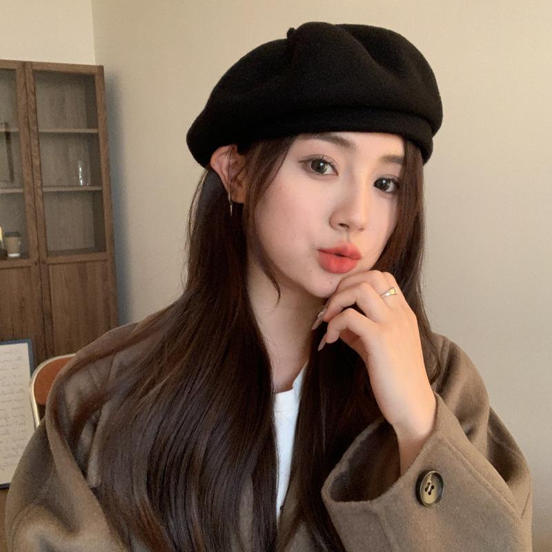 New autumn and winter light board versatile pure wool hat wool knitted hat rabbit plush beret painter bud hat