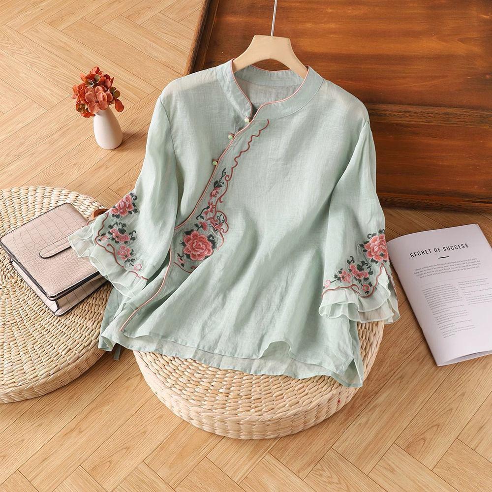 Women's Retro Ethnic-Style Cotton Linen Shirt - Summer 2024: Seven-Sleeve, Slanted Placket, Embroidered with Frog Buttons