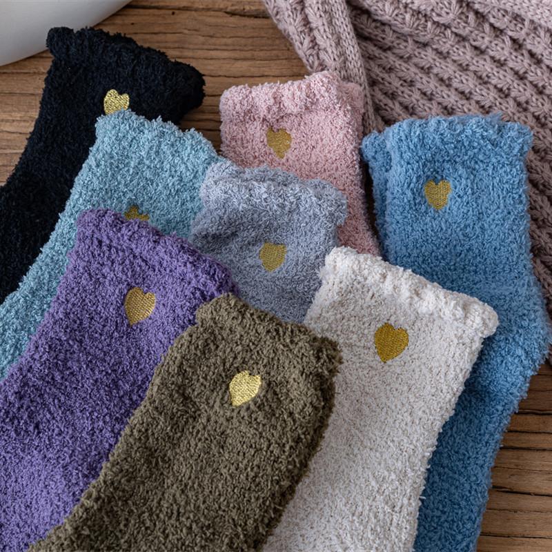 Home Indoor Cozy Floor Socks Winter Warm Soft Coral Fleece Socks Cute Heart Embroidery Thick Socks Fluffy Terry Short Sox Female