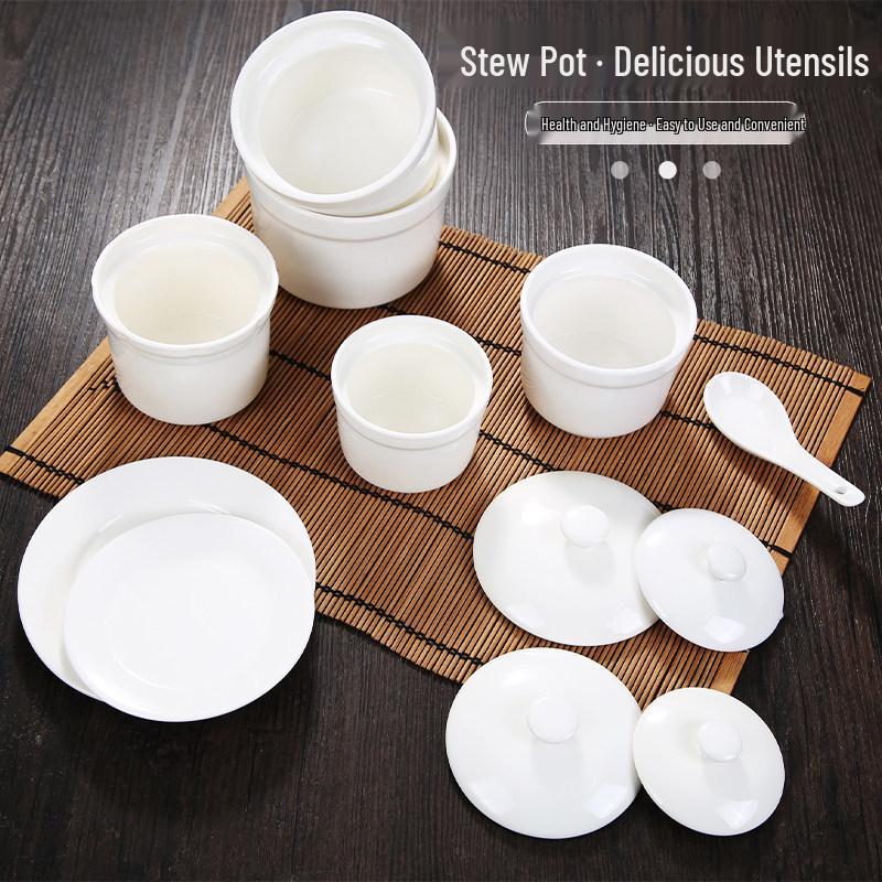 Pure White Ceramic Stew Pot with Lid: Versatile Double Boiler for Soup, Eggs, Bird's Nest, and Tonics