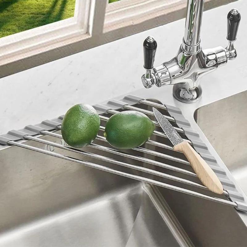304 Stainless Steel Roll Up Dish Drying Rack Over The Sink Kitchen Roll Up Sink Rack Portable Dish Drainer Foldable Drying Rack