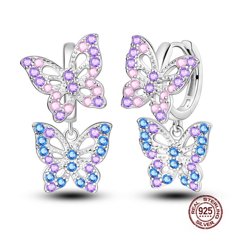 Original Butterfly Hoop Earrings for Women Sparkling Pave Colorful Zircon Blue Pink Purple Heart Wedding Drop Earring