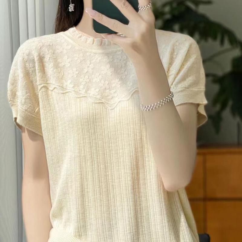 French Light Luxury Ice Silk Knitted Sweater for Short-sleeved Women's Summer Lace Collar Jacquard Base Shirt Fashionable Pullover T-shirt
