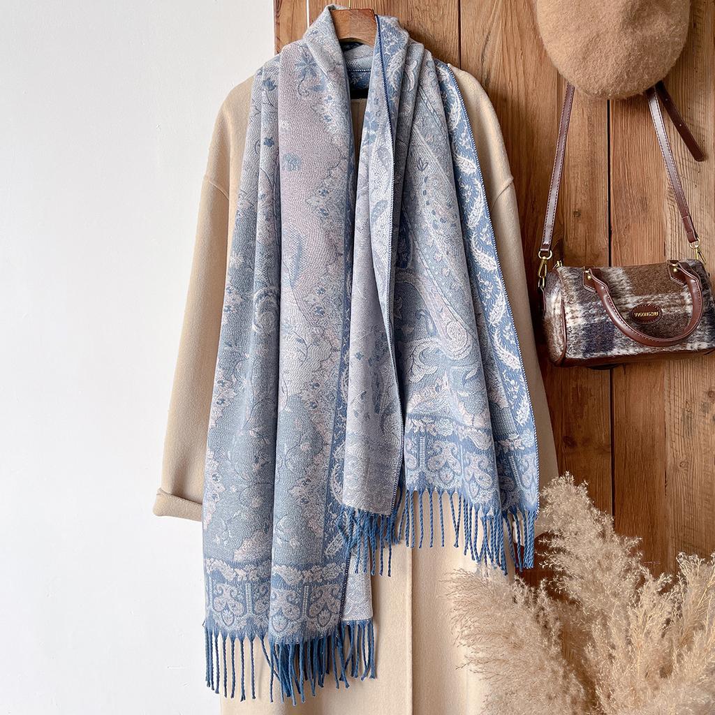Brand Fashion Women's Winter Cashmere Wrap - Vintage Oil Painting Floral Printed Tasseled Pashmina Thick Shawl, Scarf & Echarpe