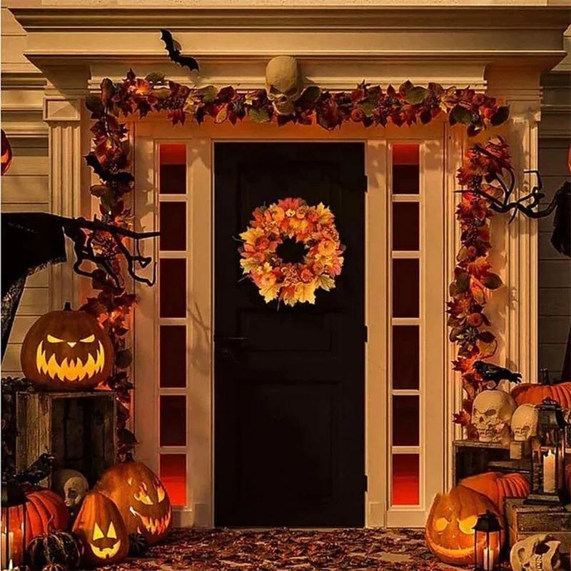 Jesenný veniec na dvere Vianoce Halloween dekorácia Tekvica Bobule Šiška Javor Umelý veniec Látka Ratan Materiál Domov