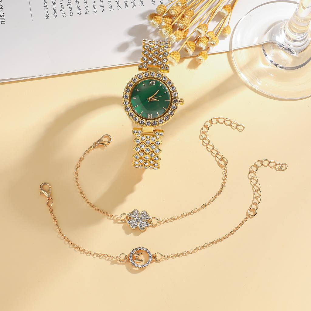 New green face niche high-end design without gift box, full diamond wrist strap, clover bracelet 3-piece set