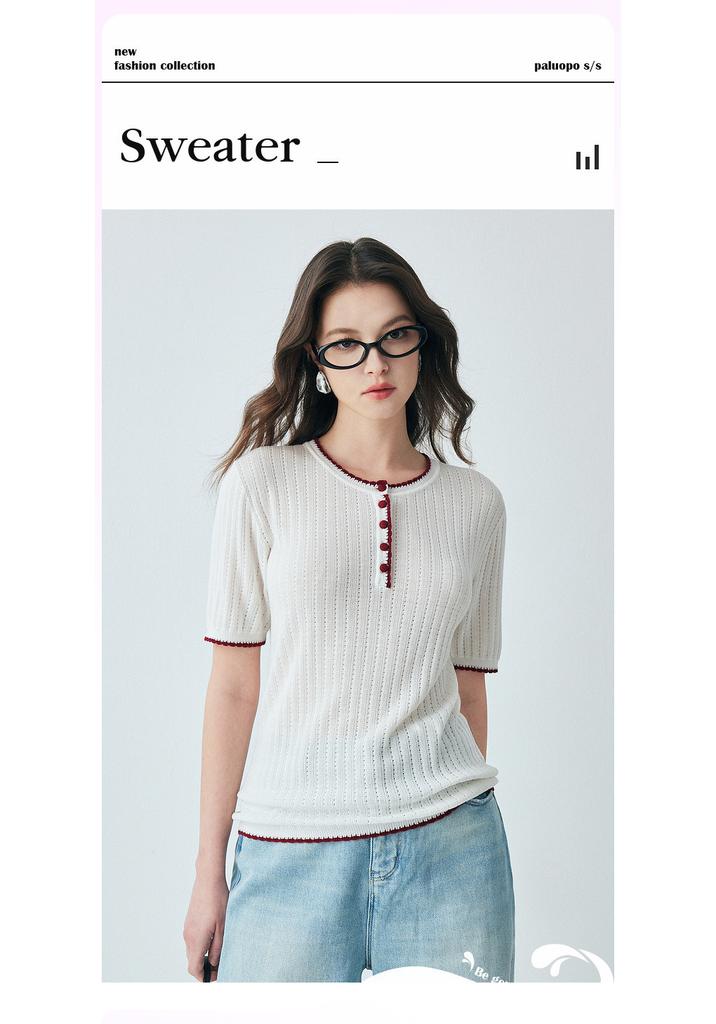 Containing mulberry silk, spring and summer new round neck fashionable contrasting short sleeved comfortable and versatile knitted T-shirt for women