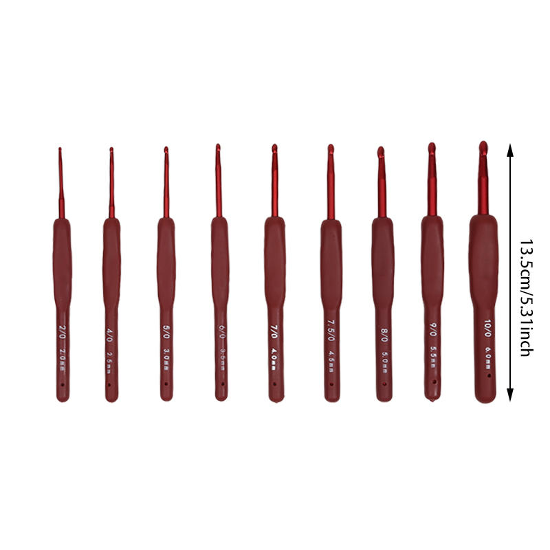 9pcs Red Crochet Set Kit Silicone Handle Crochet Hooks 0.6-2.75mm Crochet Needle Set Needles Sweater Weave Sewing Knitting Tool