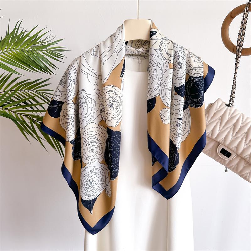 90cm Floral Print Silk Square Scarf Women Luxury Satin Shawls Neckerchief Wrap Scarves Bandana Hair Hjiab Bohemian