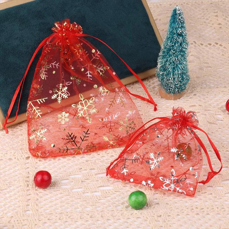 100 Christmas Drawstring Drawstring Mesh Bags Snowflake Organza Holiday Storage Decoration Wedding Gift Ornament Candy Bags