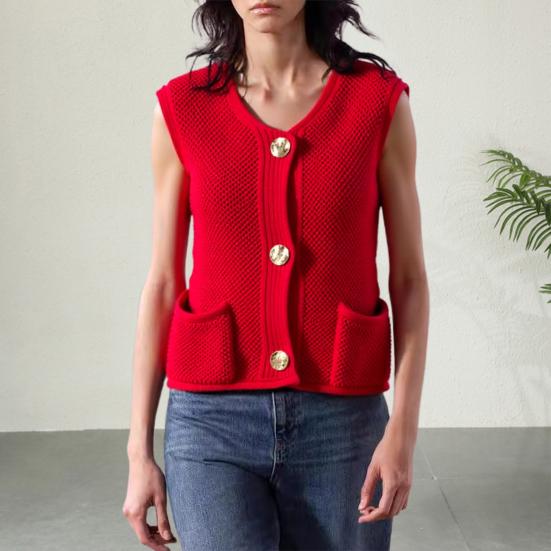 Women Knitting Vest V-Neck Sleeveless Single-Breasted Pocketed Knitting Waistcoat Versatile Solid Color Knitwear