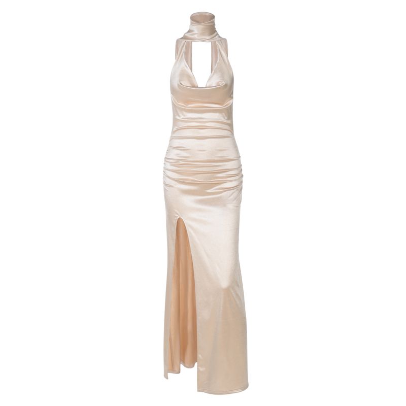 Satin Swing Collar Hanging Neck Atmosphere Ribbon Split Dress 2025 Summer New Sexy Big Backless Guest dresses