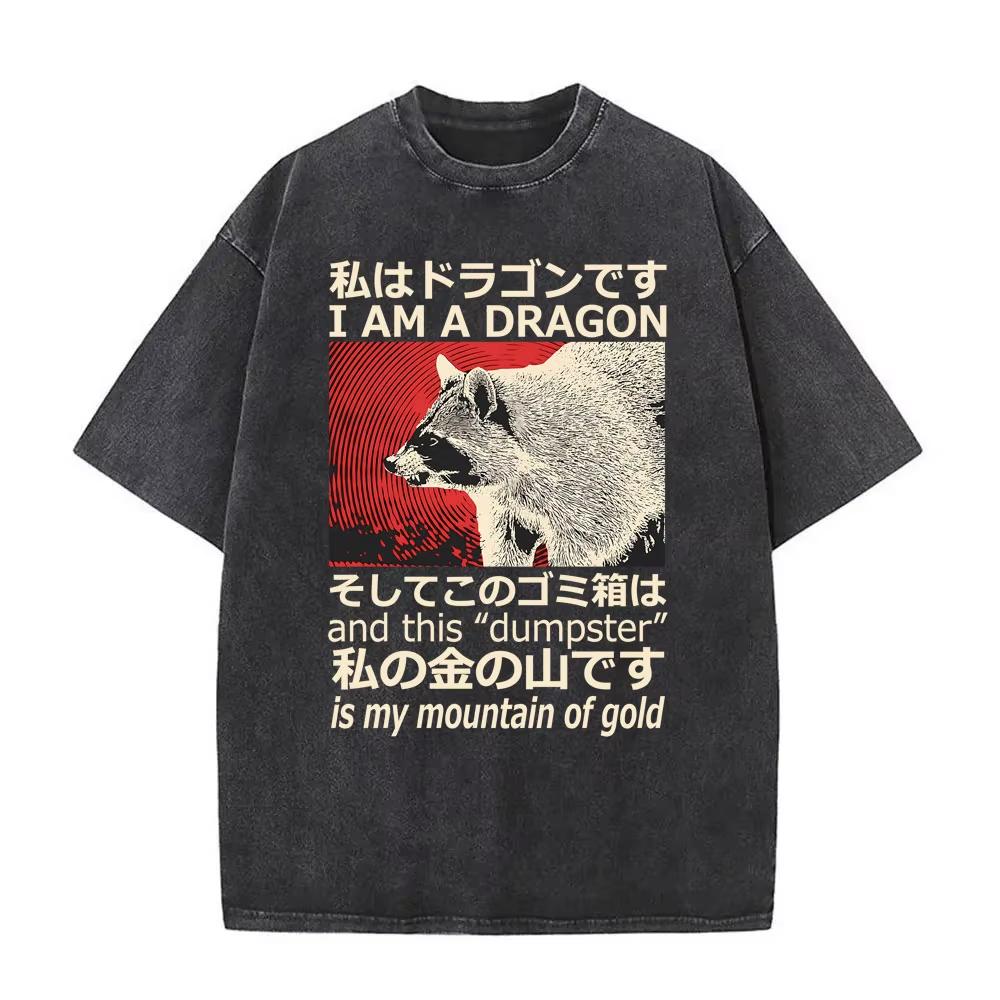 

I Am A Dragon and This Dumpster Is My Mountain of Gold Washed Vintage Funny Japanese Style Raccoon New Cotton Men T Shirt 2XL
