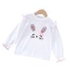 Kids Knit Cotton Pullover Sweatshirt Long Sleeve Crewneck Top with Bunny Face Print and Ruffle Details for Toddlers and Children