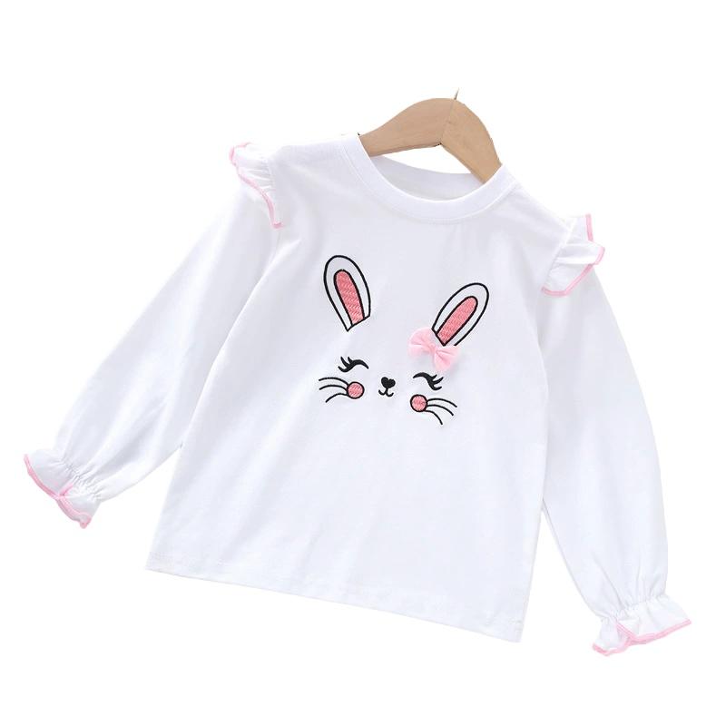 Kids Knit Cotton Pullover Sweatshirt Long Sleeve Crewneck Top with Bunny Face Print and Ruffle Details for Toddlers and Children