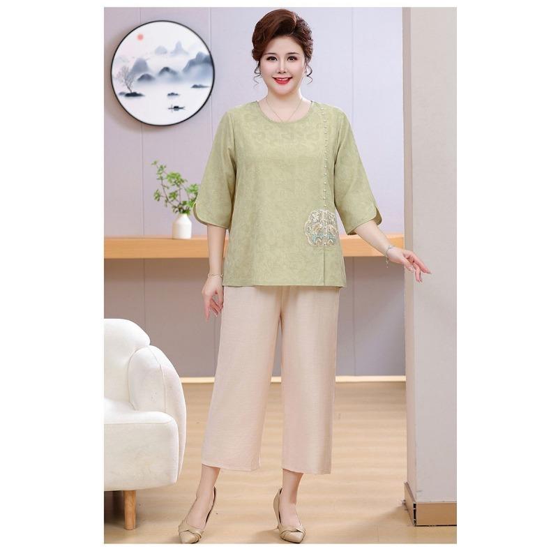 Summer Dress with Three-quarter Sleeves Plus Fat for Middle-aged and Elderly People New Chinese Style National Style Embroidery
