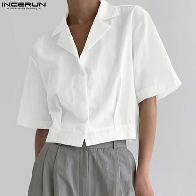 Oversized Men Lapel Neck Short Sleeve Solid Causal Cropped Shirts