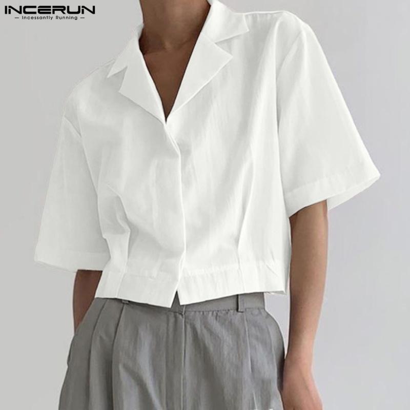 

INCERUN Oversized Men Lapel Neck Short Sleeve Solid Causal Cropped Shirts 2XL белый