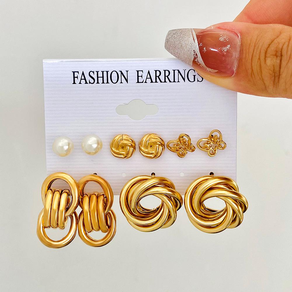 European & American Vintage Pearl Geometric Gold Hoop & Stud Earrings Set - 6 Pieces