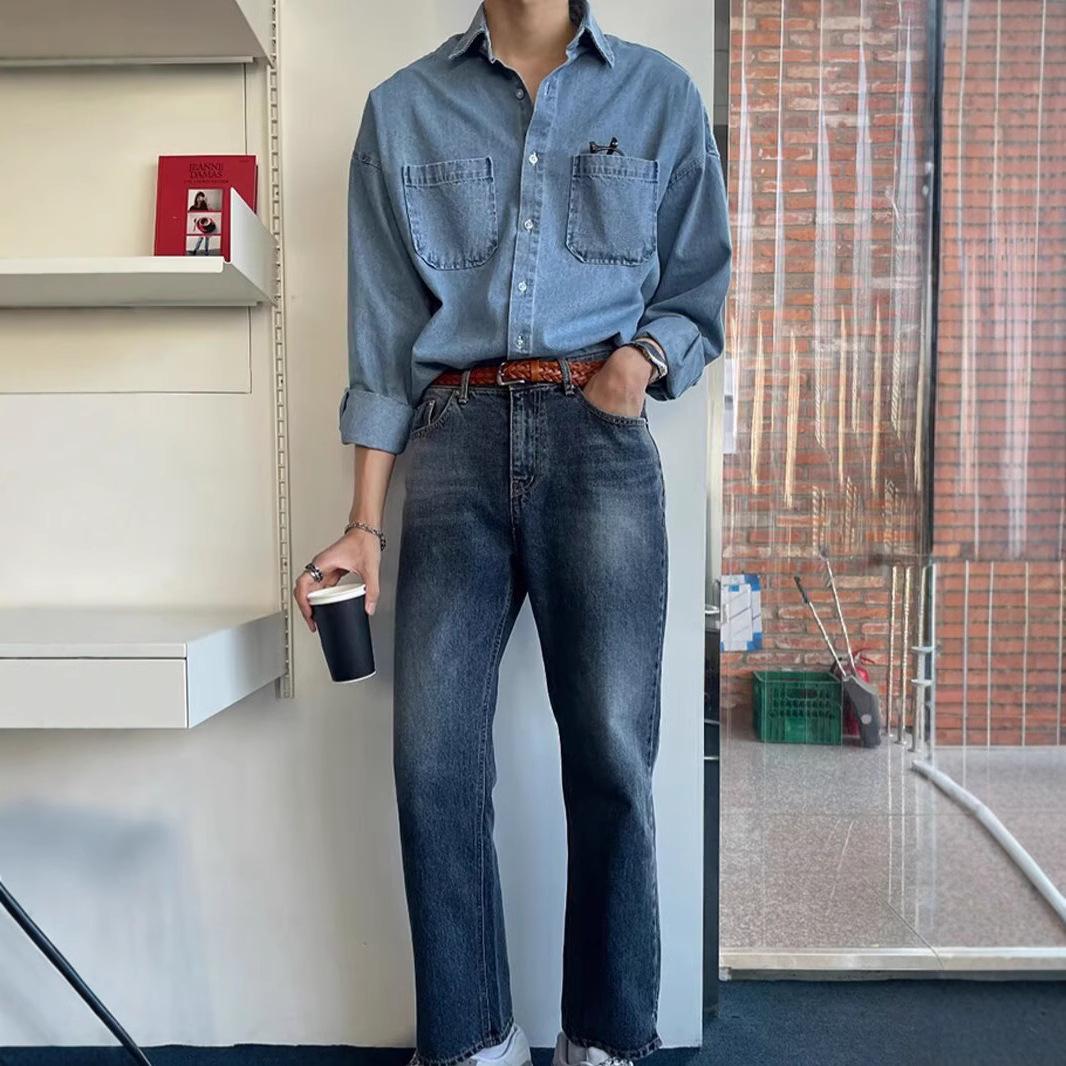 

Korean Style Retro Denim Shirt Jacket for Men - Spring/Autumn Long Sleeve, Trendy, Loose Fit, Versatile Casual 2XL синій