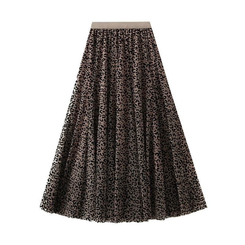 

Qooth Многоярусная юбка макси с леопардовым принтом, винтажная юбка А-силуэта, шифоновая юбка с высокой талией, женская юбка QT2599 One Size хаки
