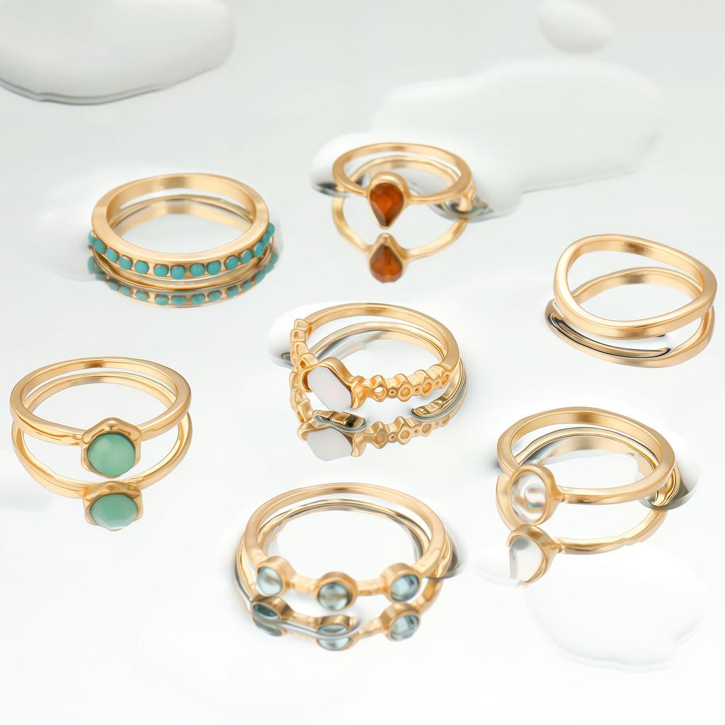 Stylish Geometric Exquisite Ring Women'S Jelly Diamond Joint Combination Ring Set