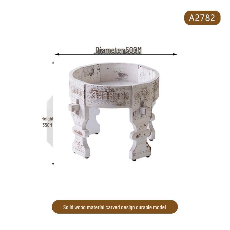 American Retro Round Side Table: Solid Wood Carved Coffee Table for Hotel or Homestay Décor