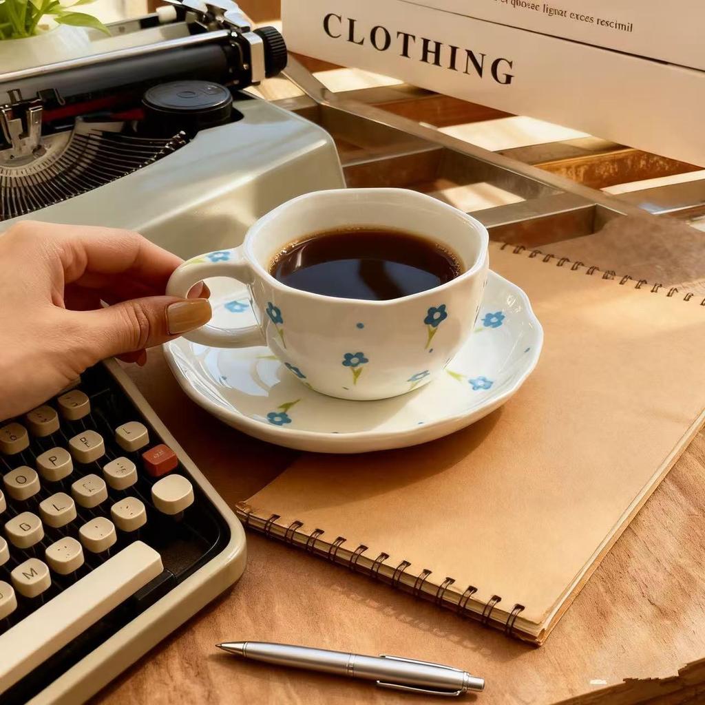 Korean Style Hand-Pinched Floral Ceramic Coffee Cup & Saucer Set - Hand-Painted Design, Perfect for Afternoon Tea