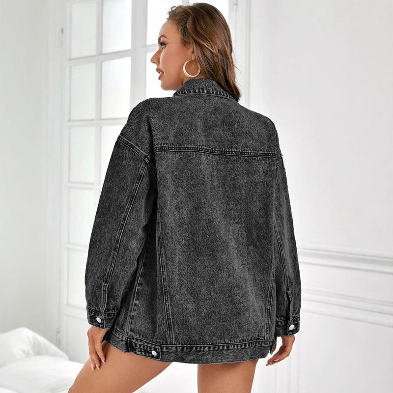 Women's Turn Down Collar Long Sleeve Denim Jacket Oversized Mid Length Coat Streetwear Vintage Washed Outerwear