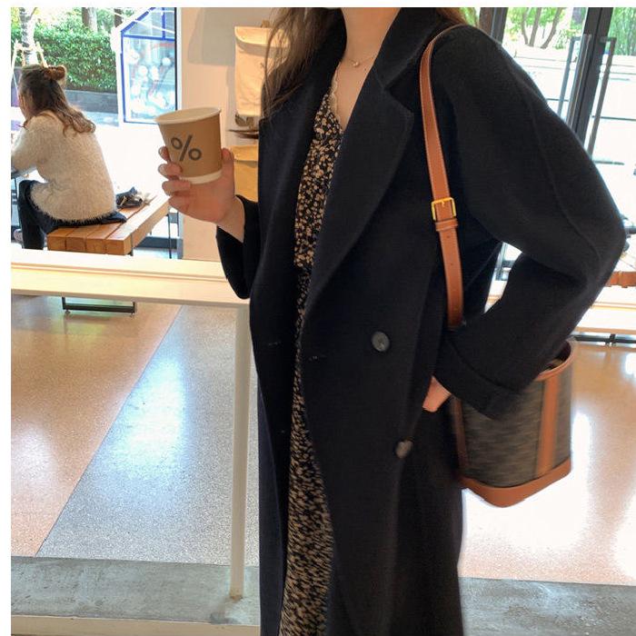 

2026 Early Autumn Women s Mid-Length Double-Sided Wool Coat in Korean Cocoon Shape Large чорний