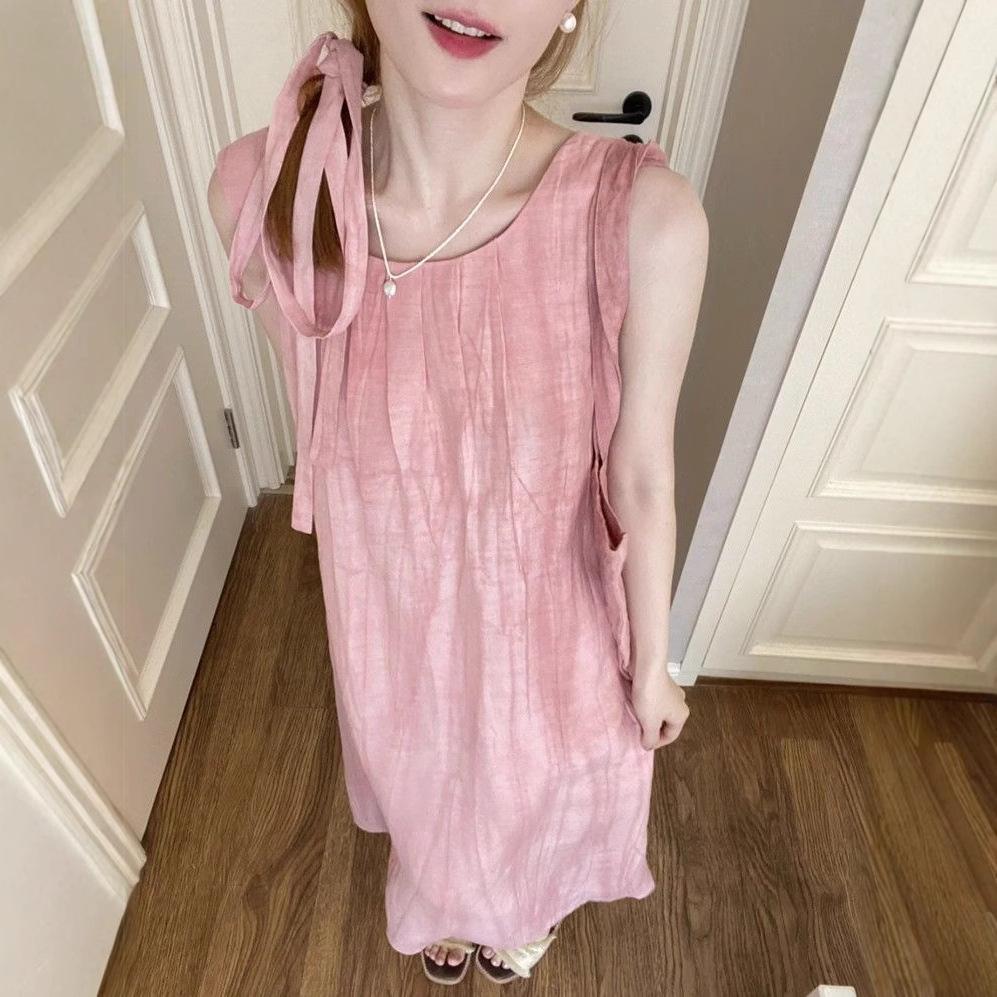 French retro temperament smudged suspender dress women s summer seaside vacation one-word shoulder pink beautiful small skirt S розовый