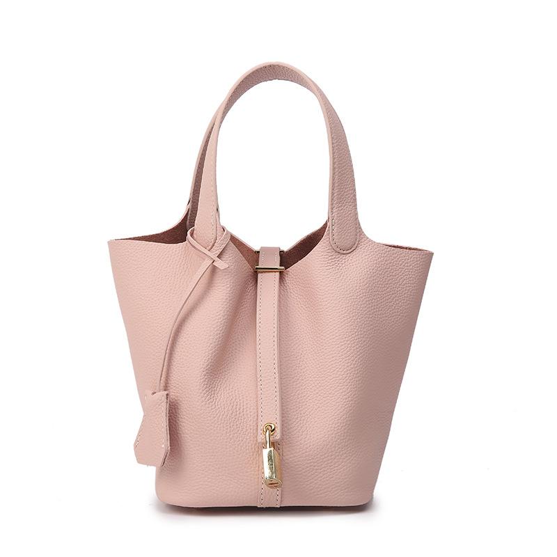 Genuine Leather Large-capacity Vegetable Basket Women's Bag High-quality and Exquisite Lychee Pattern Hand-held Bucket Bag