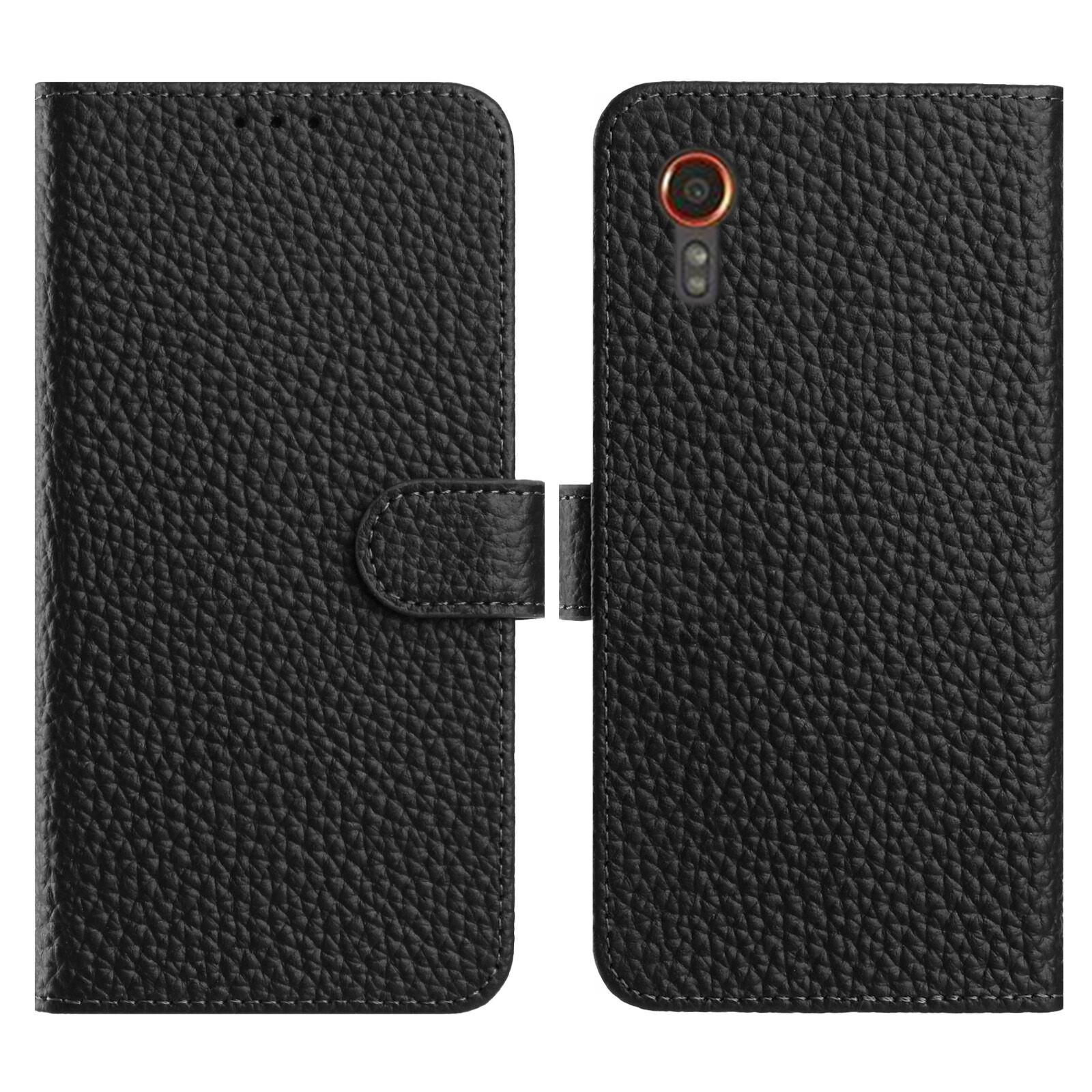 

For Samsung Galaxy Xcover7 Case Wallet Stand Litchi Texture Genuine Cow Leather Flip Phone Cover Black