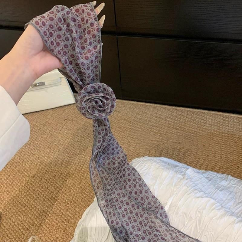 Floral Chiffon Scarf With Rose Decor Sweet Neck Scarf For Women Casual Dress Shirt Accessory
